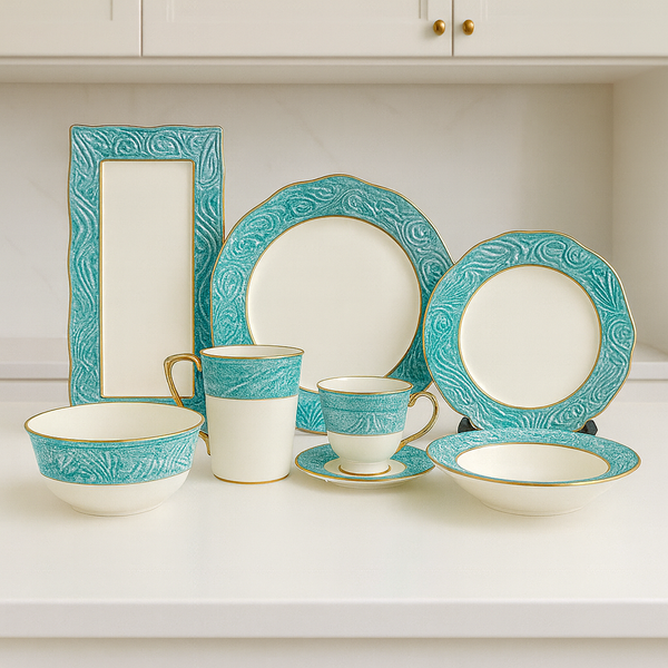 Elegant Turquoise & Gold Porcelain Dinnerware Set – 7 Pieces"