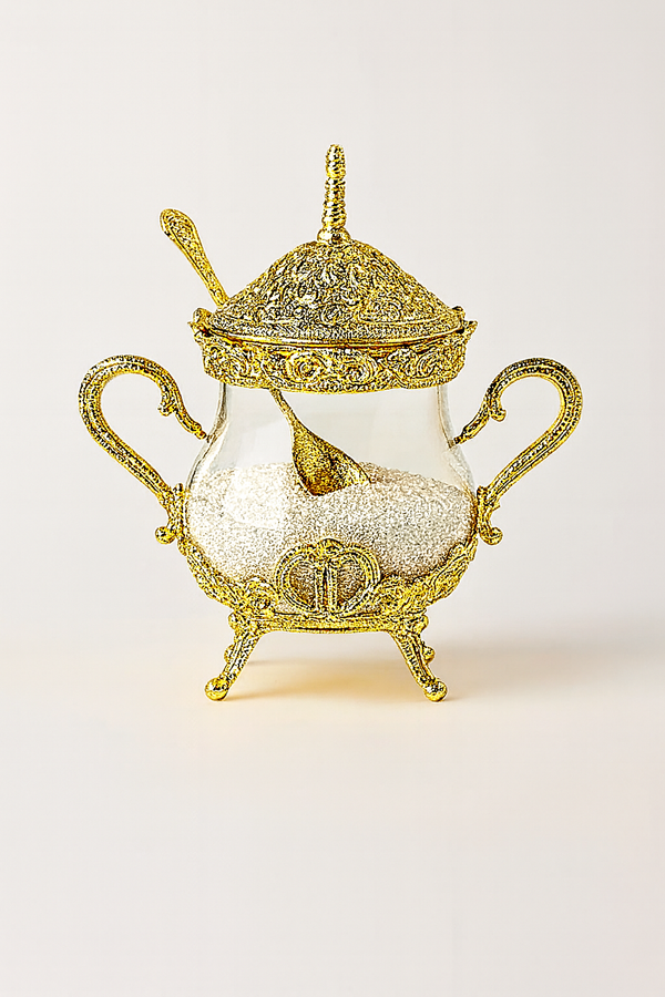 Luxury Gold-Plated Sugar Bowl with Glass Jar & Spoon