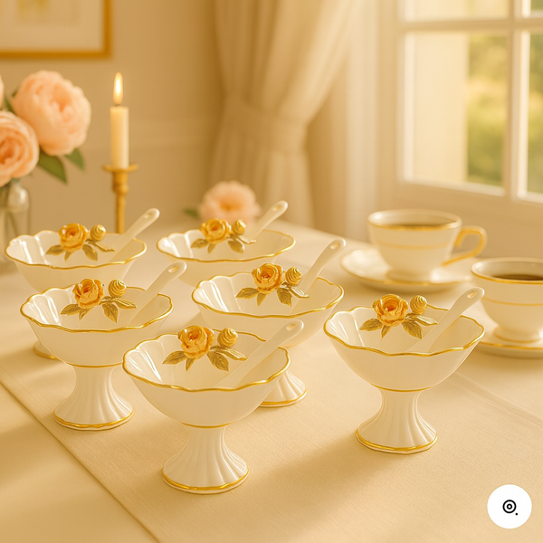 Elegant Porcelain Dessert Bowl Set with Golden Rose Design – 6 Pieces