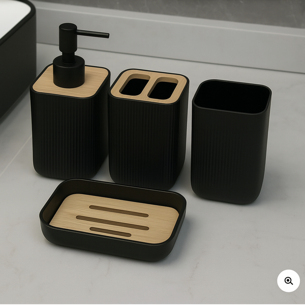 Modern Black & Wood Bathroom Accessory Set – 4-Piece Minimalist Organizer Kit"
