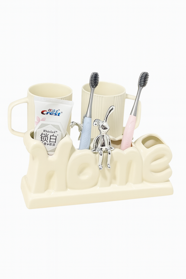 Home-Themed Ceramic Toothbrush Holder Set with Cups & Bunny Figurine – 5-Piece Bathroom Organizer"