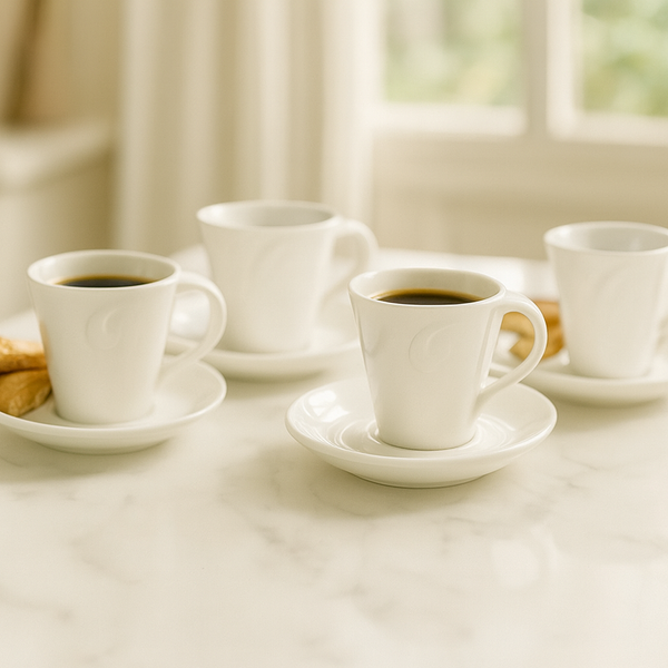 Set of 4 Elegant White Ceramic Coffee Cups with Saucers – Perfect for Espresso, Tea & Hot Beverages