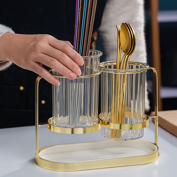 Modern Dual Cup Utensil & Toothbrush Holder with Drain Tray – Gold Frame & Smoky Green Glass (22cm x 16.5cm)