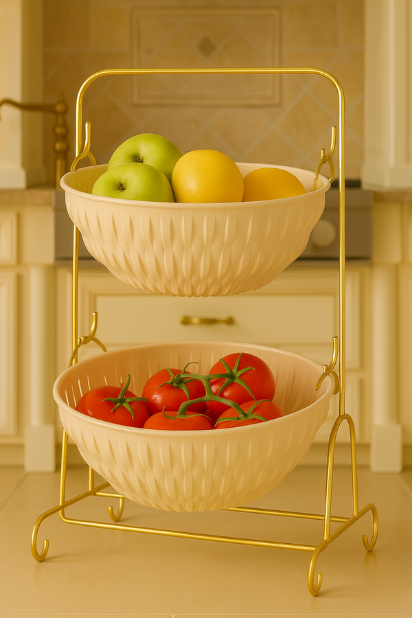 2-Tier Fruit & Vegetable Storage Basket with Gold Metal Stand – Elegant Countertop Organizer for Kitchen & Pantry