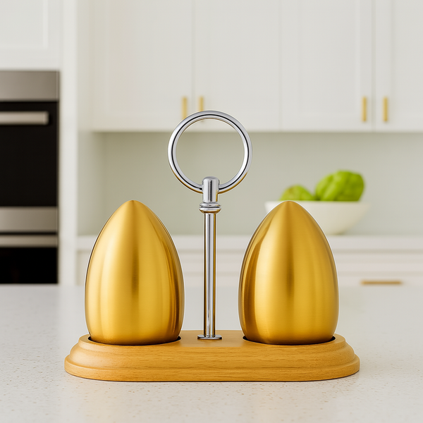 Luxury Golden Egg-Shaped Salt & Pepper Shaker Set with Wooden Base – Elegant Kitchen & Dining Accessory