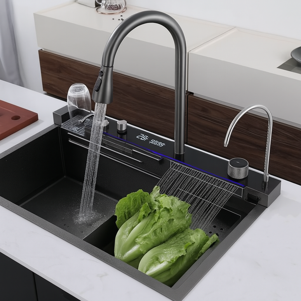 Modern Multifunctional Smart Kitchen Sink with Dual Faucet & LED Temperature Display – Premium Stainless Steel"