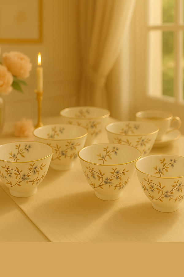 Elegant Floral Porcelain Bowl Set – 6-Piece Fine Dining Collection with Gold Rim