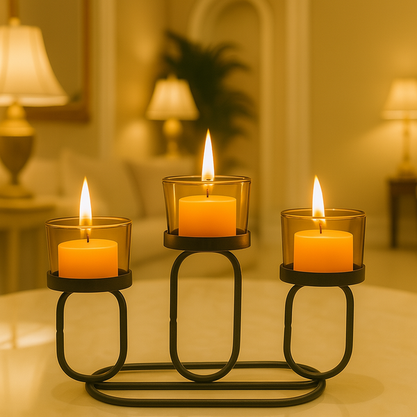 Modern Iron Candle Holder with Amber Glass – 3-Tier Decorative Centerpiece