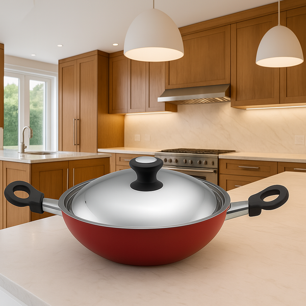 Premium Non-Stick Deep Frying Kadai with Glass Lid – Red Finish