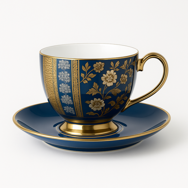 Elegant Royal Blue Teacup with Gold Floral Detailing