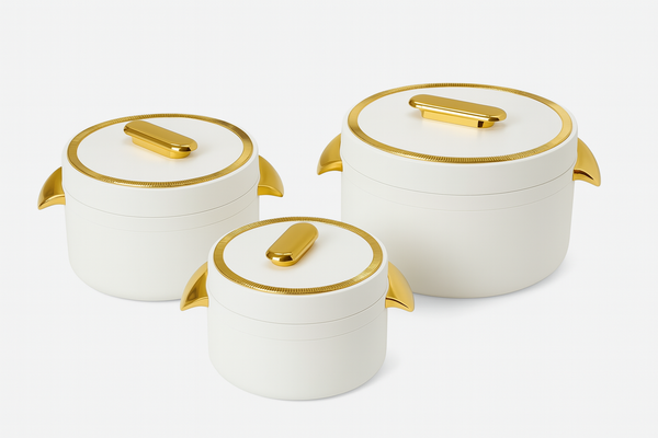 Elegant White and Gold Insulated Food Container Set – 3 Pieces | Premium Thermal Casserole Set