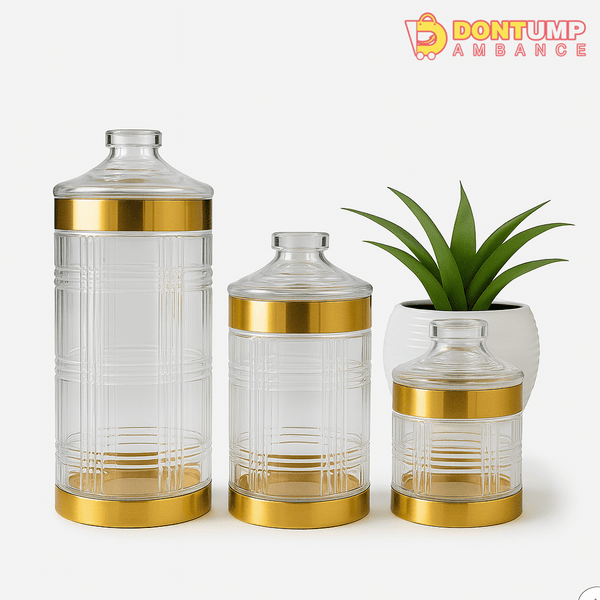 Luxury Glass Storage Jars with Gold Trim – Set of 3 Elegant Canisters for Kitchen or Pantr
