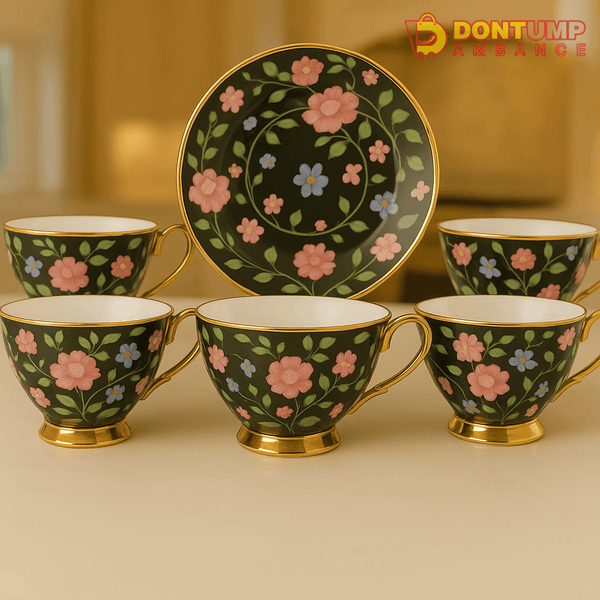 royal albert black floral tea cup set 12 piece gold rimmed porcelain cups and saucer