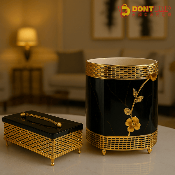 Luxury Black & Gold Floral Waste Bin and Tissue Box Set