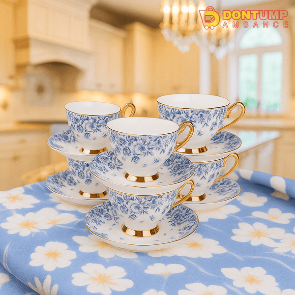 Royal Blue Floral Porcelain Teacup Set with Gold Rim – 6 pcs