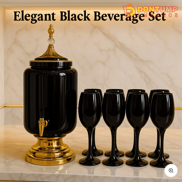 Luxury Black & Gold Beverage Dispenser Set with 6 Glasses