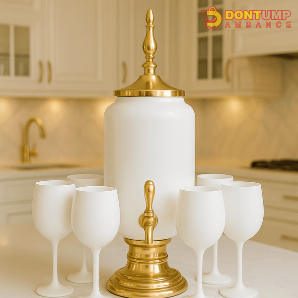 Luxury Ceramic Beverage Dispenser with Golden Tap & 6 Elegant Goblets – Perfect for Stylish Serving