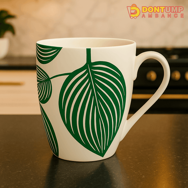Ceramic Leaf Print Coffee Mug – Elegant Green Botanical Design for Kitchen & Home Use