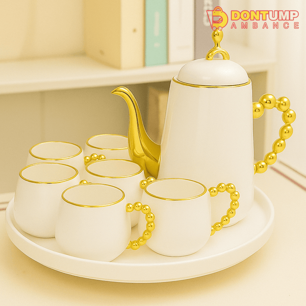Luxury White & Gold Ceramic Tea Set – 7-Piece Elegant Serving Set with Decorative Handles