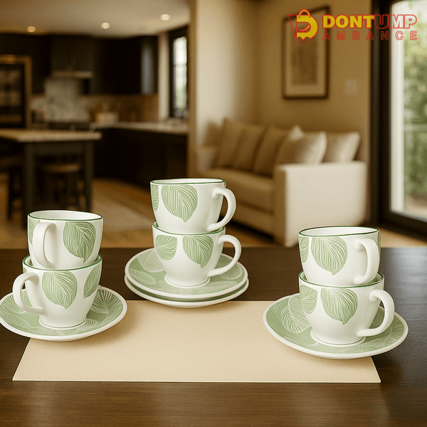 Elegant Leaf Print Tea Cup & Saucer Set – 6-Piece Ceramic Collection for Modern Dining