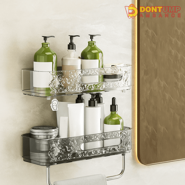Wall-Mounted Dual-Layer Acrylic Bathroom Shelf – Decorative Storage Rack with Towel Bar