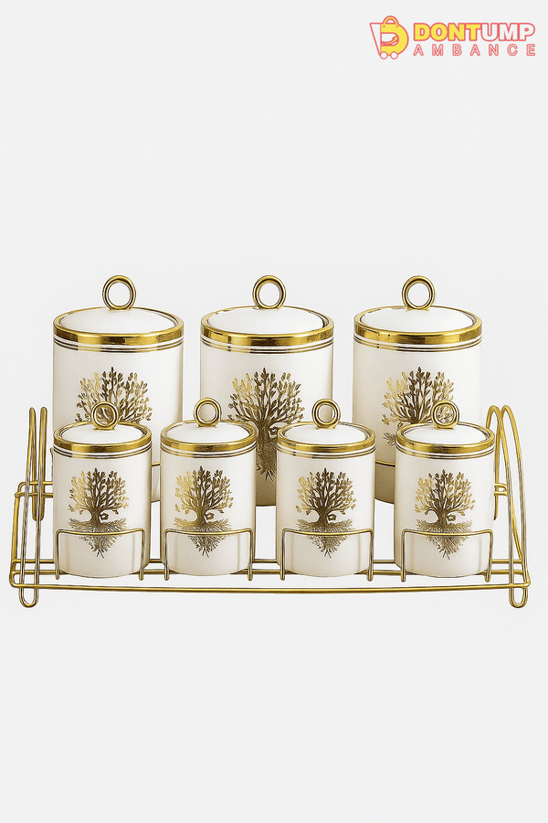 Luxury Ceramic Kitchen Canister Set with Golden Tree Design – 6 Pcs with Stand