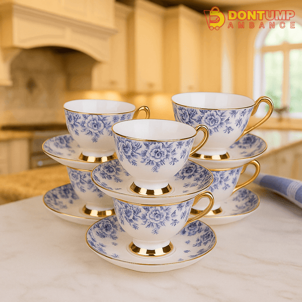 Royal Blue Floral Tea Cup Set – 6-Piece Fine China with Gold Trim