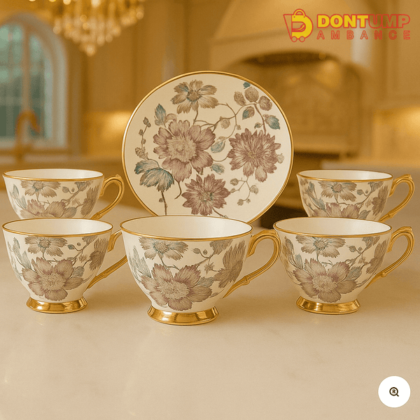 Vintage Floral Tea Cup & Saucer Set – 6-Piece Porcelain with Gold Trim