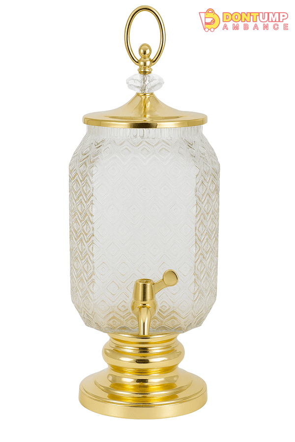 Luxury Glass Beverage Dispenser with Gold Base & Lid – Elegant Drink Server for Events
