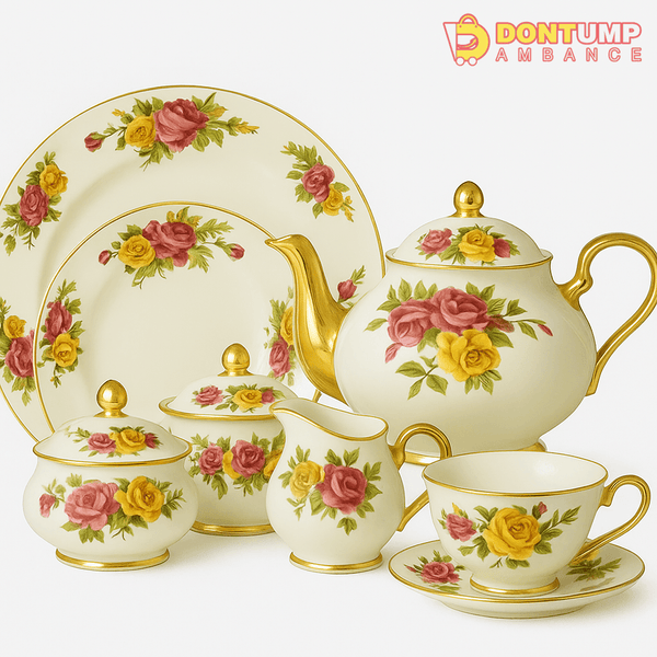 Vintage Rose Floral Porcelain Tea Set with Gold Trim – Classic English Garden Collection