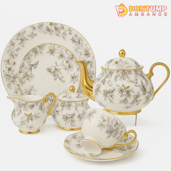 Elegant White Floral Porcelain Tea Set with Gold Trim – Classic Vintage Tableware Collection