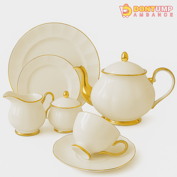 Elegant Ivory Porcelain Tea Set with Gold Trim – Classic Fine Dining Collection