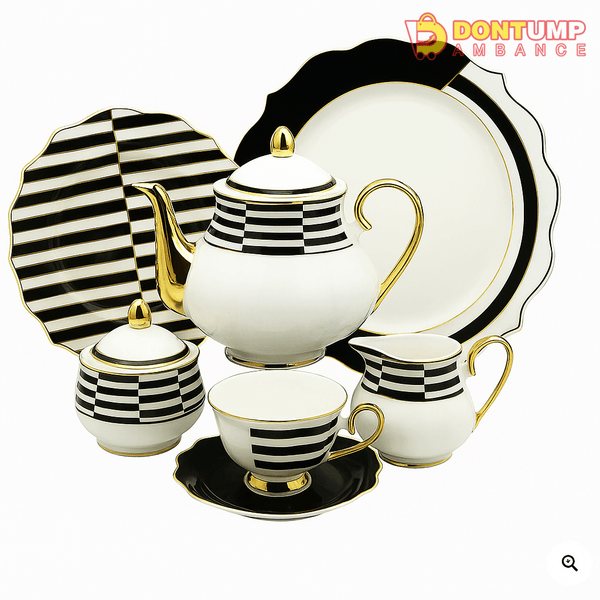 Luxury Black & White Striped Porcelain Tea Set with Gold Accents – 10-Piece Elegant Dinnerware Collection