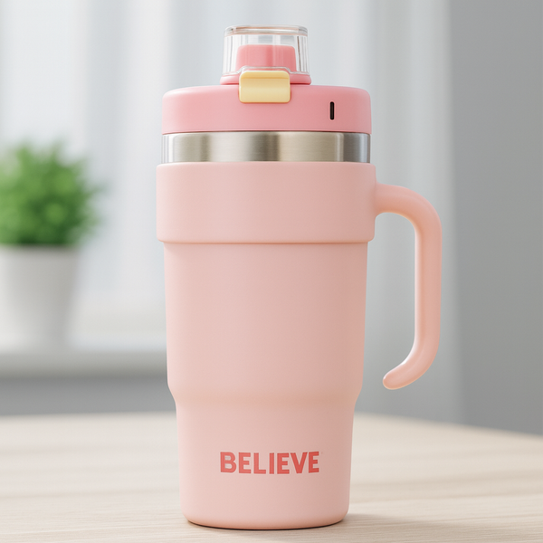 ✨ Pastel Pink “BELIEVE” Insulated Travel Mug – Leakproof Stainless Steel Tumbler with Handle & Flip Lid | Aesthetic Hot & Cold Coffee Cup for Everyday Use