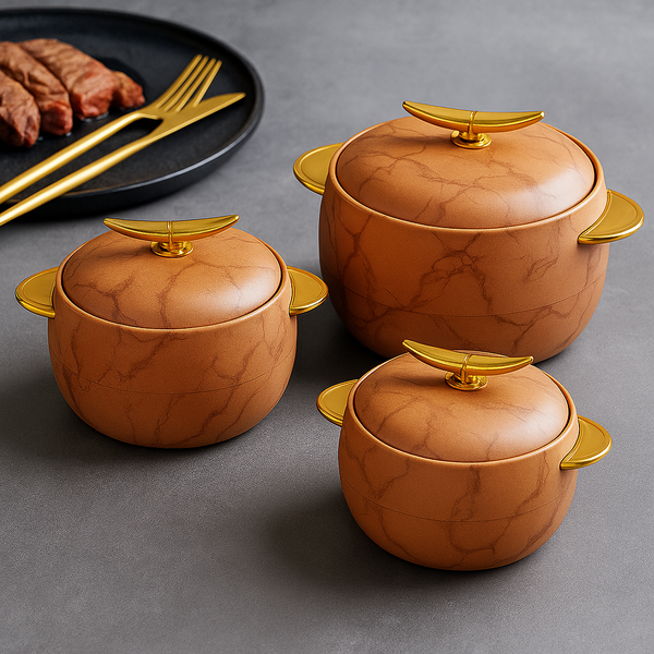 3-PIECE CASSEROLE SET WITH GOLD HANDLES – LUXURY SERVING BOWLS FOR VILLA DINING & KITCHEN USE - BROWN