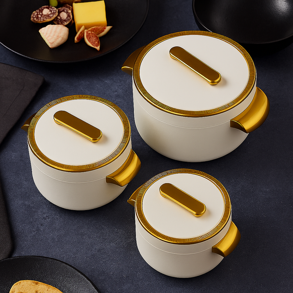 3-PIECE CASSEROLE DISH SET WITH LUXURY GOLD HANDLES – PREMIUM SERVING BOWLS FOR DINING & KITCHEN USE - WHITE