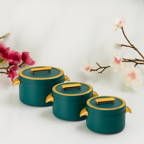 3-PIECE CASSEROLE DISH SET WITH LUXURY GOLD HANDLES – PREMIUM SERVING BOWLS FOR DINING & KITCHEN USE - GREEN