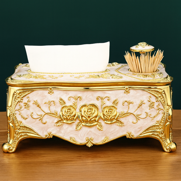 Luxury Golden Floral Tissue Box with Toothpick Holder