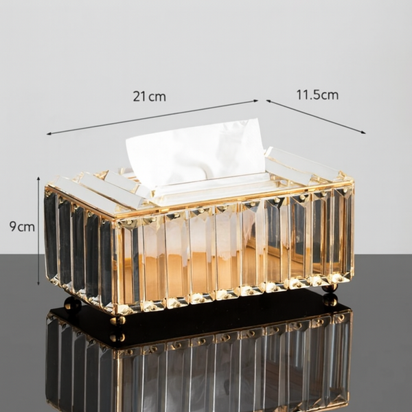 Luxury Crystal Glass Tissue Box with Golden Frame – 21×11.5×9 cm