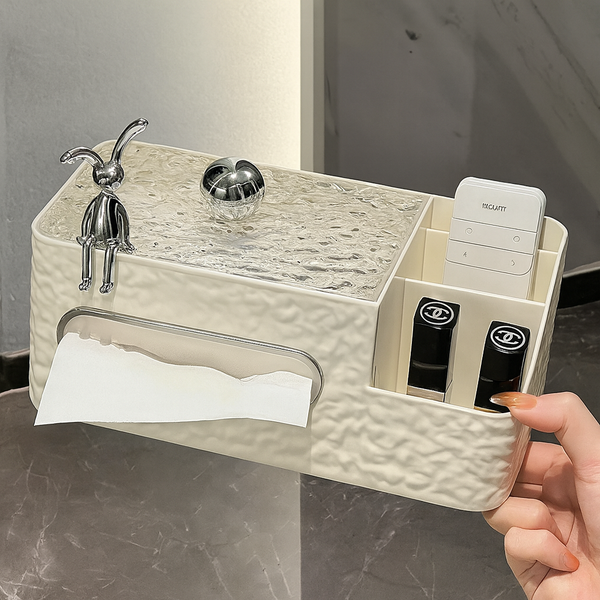 Luxury Water Ripple Tissue Box with Rabbit Ornament – Multi-Compartment Storage Organizer (Cream White, 24.5cm)