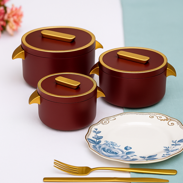 3-PIECE CASSEROLE DISH SET WITH LUXURY GOLD HANDLES – PREMIUM SERVING BOWLS FOR DINING & KITCHEN USE - RED