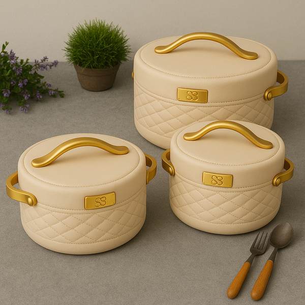 “Luxury Insulated Food Casserole with Quilted Design & Golden Handles – Premium Hot Pot Container”