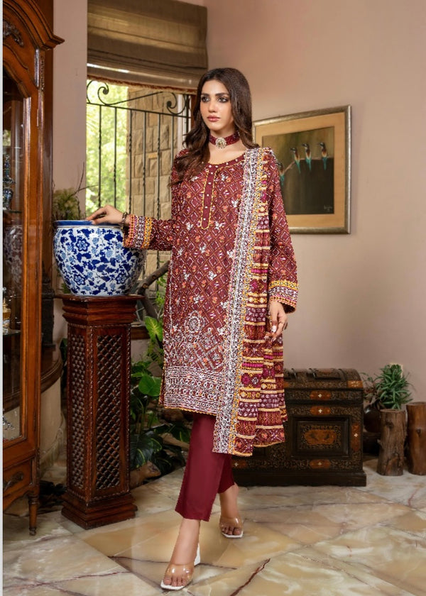 Zesh embroidered 3pc printed cutwork dupata UNSTICHED