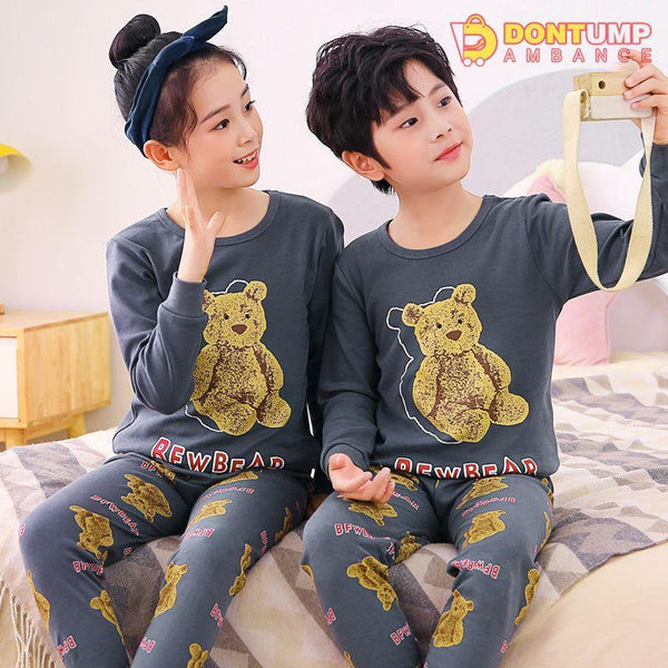 Dark Grey Teddy Bear Cartoon Printed Kids Night Suit Baby &amp; Baba