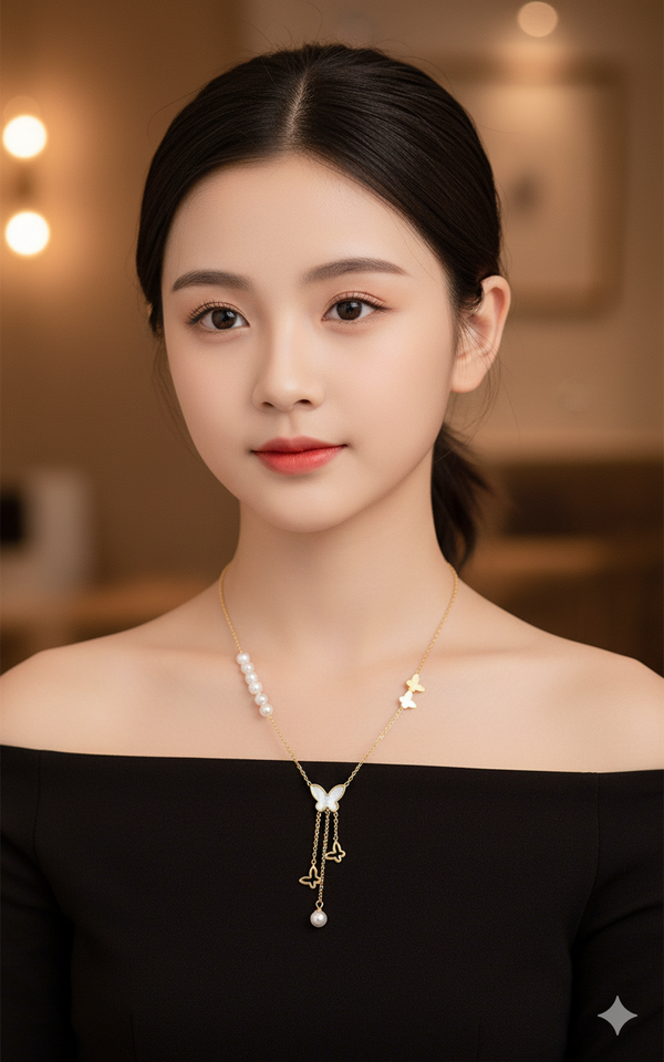"Elegant Gold Butterfly Pendant Necklace with Pearls – Dainty Layered Chain Jewelry for Women & Girls"