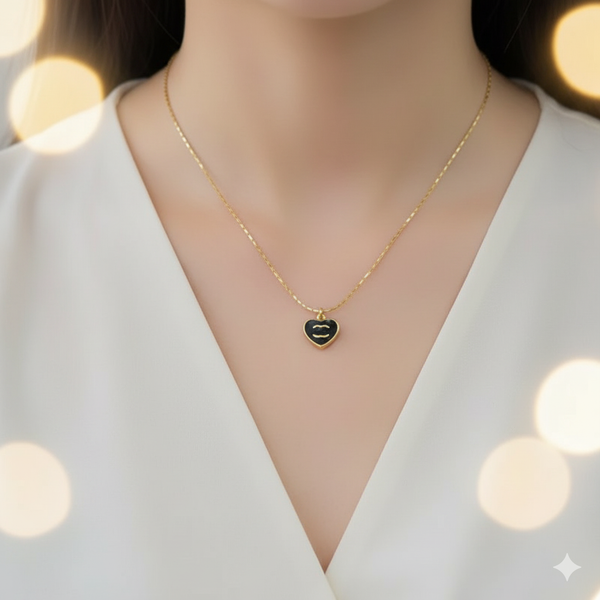 Black Stone Heart Pendant on Gold Chain