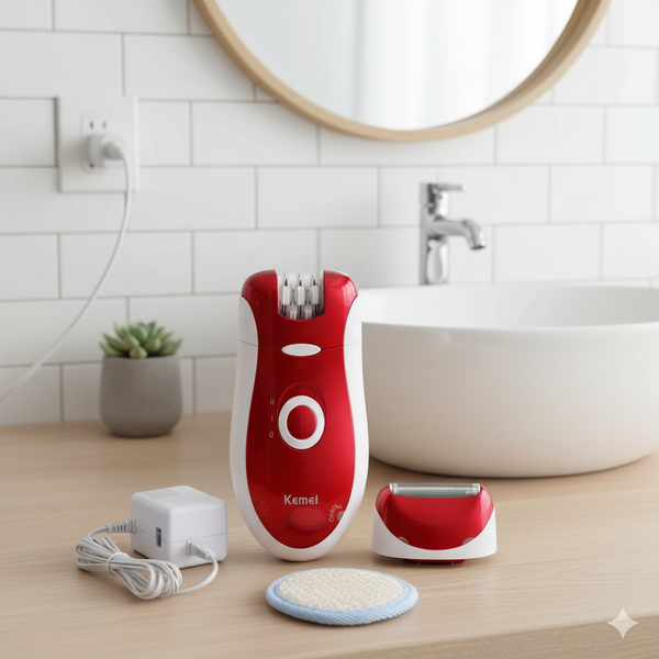 Professional Kemei Red Electric Epilator Kit – Rechargeable Hair Removal Device with Shaving Head, Charger & Exfoliating Pad for Smooth Skin