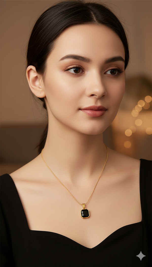 Chic Square Black Gemstone Pendant Necklace | Gold Tone Chain