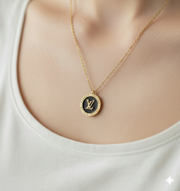 Gold-Tone Black Enamel Logo Necklace