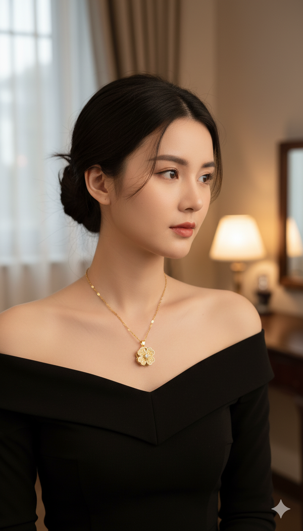 Stainless Steel Dazzling Flower Pendant Necklace (Gold Tone)
